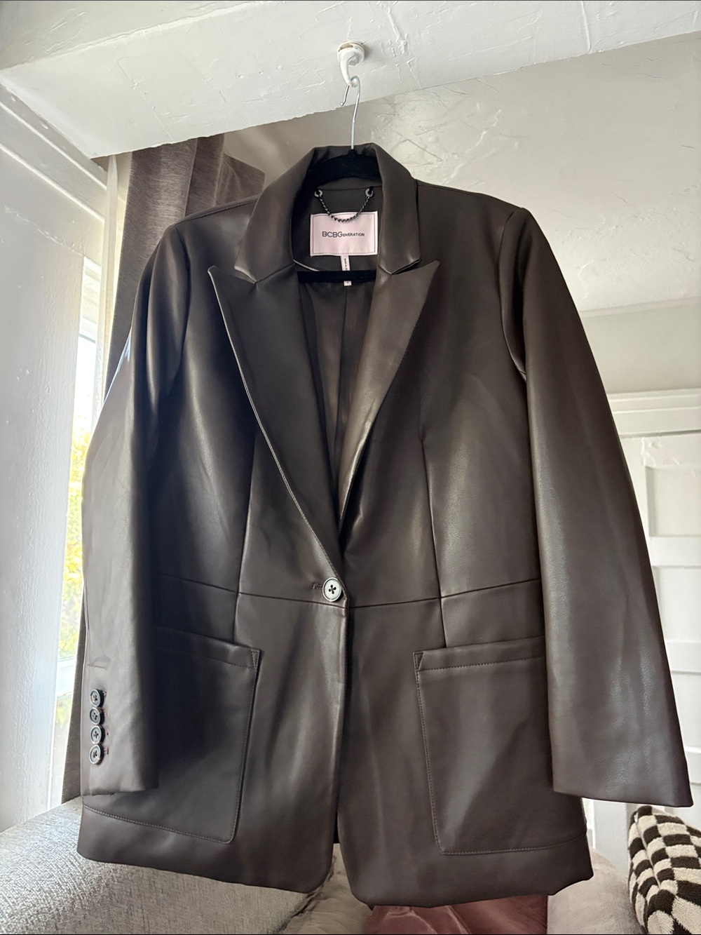 BCBGMaxAzria Dark Brown Faux Leather Single-Button Blazer